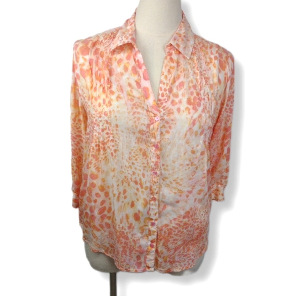 Gloria Vanderbilt Peach and White Button-Up Hi-low Split Neck Blouse